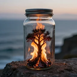 burning tree inside a glass jar, standing on a cliff, bokeh, ocean in the background, metal lid, dramatic lighting, ember, small flames, hyperrealistic, volumentric lighting, highly detailed