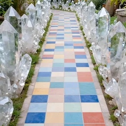 a pathway of colorful tiles leading through a garden of giant crystal shards, towards an emerald palace. octane render. 8 k