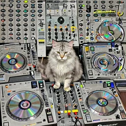 a white and gray Siberian cat DJing at a club on CDJs  and a pioneer mixer