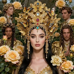 a portrait of young Monica Bellucci among the huge David Austin Rose bushes who has baroque dramatic headdress with intricate fractals of butterflies and gemstone tassels,by tom bagshaw and Daveed Benito and Billelis and aaron horkey and peter gric,trending on pinterest,rococo,hyperreal,maximalist,gold,glittering,feminine
