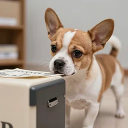 small dog robbing a bank, close up photograph