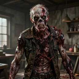 butcher angry rotting zombie, detailled portrait, old butchery interior, feeling of grimdark horror, daytime, high contrast, ultra intricate detailed, octane render, unreal engine
