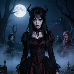 full shot portrait of angry darkness Clara Morgane as a cute anime girl at moonlight, gothic wearing, inspired by Tim Burton, Norihiro Yagi, Marc Simonetti, Amano, Juri Misaki, detailed, unreal engine 4k volumetric light, fog,