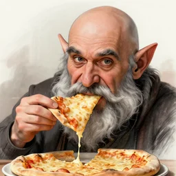 a half-dwarf man eating cheese pizza, focus face, hard sketch