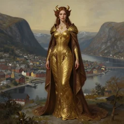 brown haired demoness, full body portrait, gentle, female, city landscape, norway, d & d, fantasy, intricate, elegant, highly detailed, digital painting, brown and gold color palette, artstation, octane render, concept art, matte, sharp focus, illustration, herrarthstone, art by artgerm and greg rutkowski and alphonse mucha