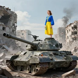 ukrainian girl, in blue and yellow clothes, looking on putin on top of tank with washing machine in ruined city, concept art, trending on artstation, highly detailed, intricate, sharp focus, digital art, 8 k
