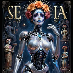 awakening, beautiful crying cyborg woman. ethereal, elegant, fantasy, blade runner, pose, photorealistic, cover shot, interstellar, intricate detailed environment. ( el dia los muertos ), 8 k, hd. by terry o'neill and artgerm and greg rutkowski and alphonse mucha and loish and wlop