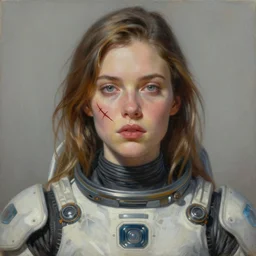 portrait of woman with a large dueling scar from a knife across her cheek and lips wearing futurist spacesuit, Alexandria's genesis, chin-length hair, bored, illustration, soft lighting, soft details, hyper realism, high detailed, painting oil on canvas by mark arian by artgerm, trending on artstation, 4k, 8k, HD