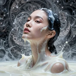 melting woman emerging from milk and ferrofluid, studio light, fashion photography portrait, head neck shoulders, victo ngai, kilian eng, moebius, digital art, masterpiece, fractal pattern background, fantastically beautiful, beksinski, dan mumford, simon stalenhag, artstation, 8 k