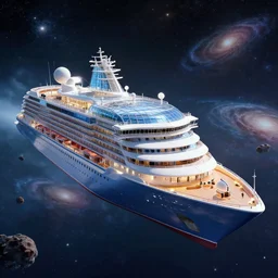 a giant luxury cruiseliner spaceship, shaped like a yacht, with a glass hull and ceiling and see - through exterior, hull is a opera house, aerial view of opera house on spaceship, floating in outer space, galaxies and stars in background, asteroid belt in distance, well lit, 8 k, futuristic, high detail, vibrant colors, digital art