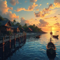 a little fisher village on a tropical island, ( ( wood pier and houses, nets and boats ) ), scenic view, sunset, matte painting by marc simonetti and rhads and donato giancola, trending on artstation