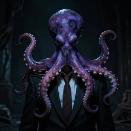 mr. rogers wearing a cursed octopus as a hat, darkly lit horror photo