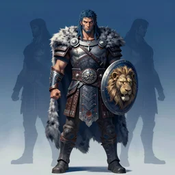 hercules god, wearing tribal ornamented armor, leather armor, wearing fur cape, lion faced shield, full body concept, blue tone, beksinski, edward hooper, ruan jia
