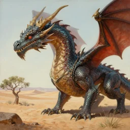 portrait of a dragon by plutus su and chris scalf, desert with small trees and shrubs, painting, detailed, realistic, complimentary colors, light, artstation, cinematic, dramatic lighting, close up, wide angle, intricate design