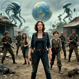 color! hollywood blockbuster. dark fantasy. casually - dressed women with men in dirty seaside town. a globster. 2 0 1 1 cinematic action!! scifi. spinning!!! hybridizing! alien - robot invasion. alien military vehicles and weapons. frightened refugees. linda hamilton at age 3 4 with sigourney weaver at age 2 9 in uniforms.