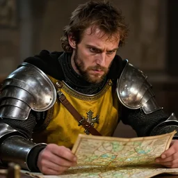 Closeup of frustrated and acerbic male medieval sergeant with stubble wearing a {black and yellow tabard} over a steel breastplate and a black gambeson looking at a map on a table, intricate, dramatic lighting illustration by Greg Rutkowski, {perfect face}, {perfect eyes}, fantasy
