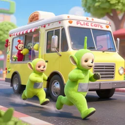 iconic zombie teletubbies, getting run over by an ice cream truck, 3 d octane render, epic composition, amazing detail, cute zombie teletubbies running away from ice cream truck, hdr, octane 3 d render, pixar style, pixar animated movie