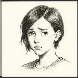 pen sketch of worried millie bobby brown with short hair by yoji shinkawa