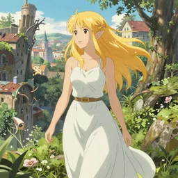 Portrait of a golden-haired elf woman walking through a city reclaimed by nature, beautiful face, highly detailed, photoshop, digital illustration, by Makoto Shinkai and Hayao Miyazaki, by Ilya Kuvshinov and Alphonse Mucha and Andrei Riabovitchev