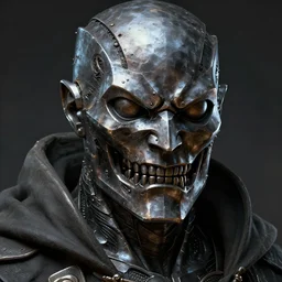a menacing iron detailed male face made of steel wearing cloak strong jawline epic detailed and intricate digital painting trending on artstation by wlop octane render