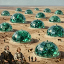 hyper detailed painting of majestic parched plains with numerous giant domes made of shining emeralds, sprawling across, by francisco goya and rembrandt, unsettling, mysterious, by stephan martiniere and alexander fedosav, hyperrealism, 8 k resolution, behance hd, artstation, nightcafe