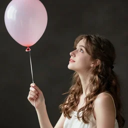stunning girl looks at a balloon that flies away, fine art portrait photography by Sarah Moon