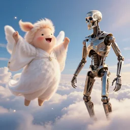 happy celestial being in heaven, talking to an terminator exoskeleton, photorealistc, hd, detailed