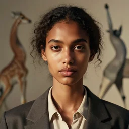 detailed portrait in femininity, realistic face sculpted features, ethnic, exotic, melanin, deep clear eyes, statuesque, gazelle, warm glowing skin, wild hair, collared shirt, structured jacket, chiaroscuro, tangible, angular impressionism, ambient morning light, arabesque backdrop, contemporary, modern fashion, natural colors