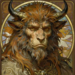 realistic detailed face portrait of a rugged animalistic beast shaman by alphonse mucha, ayami kojima, amano, greg hildebrandt, and mark brooks, male, masculine, half - animal, art nouveau, neo - gothic, gothic, character concept design