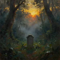 single grave in moody foggy jungle with  backlight , sunset  oil painting dramatic panorama by  frazetta