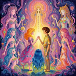 [ a psychedelic realm where astral beings share love ] [ greg rutkowski ] [ wlop ] [ lisa frank ] [ bob ross ] [ ruan jia ] [ illustration ]