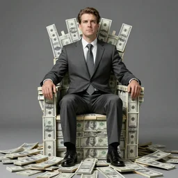 a politician sitting on q throne made of money, high definition image