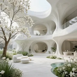 highly detailed villa garden natural beautiful light interior soft cinematic composition of a biophilic concrete nebula fluid white magnolias surreal scifi architecture monochromatic art nouveau minimalist landscape, furniture, trees, grass, bed of flowers, water, vincent callebaut composition, 8 k, unreal engine, hdr