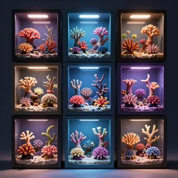 composition of nine square boxes with different microbionts, diorama, front view, light mode, led lamps, coral reef, octane render, modigliani