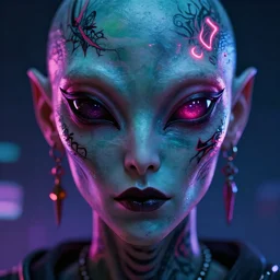 synthwave demonic alien face with neon tattos, detailed face, sharp focus, synthwave art, aesthetic, octane render, raw, cinematic, colorful