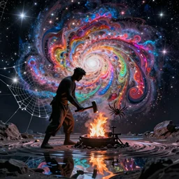 a galaxy exploding, psychedelic colors, a blacksmith swinging his hammer at his forge, realistic reflections, body building blacksmith, stars, psychedelic patterns, fractal, rippling fabric of reality, the spider that weaves the web of time