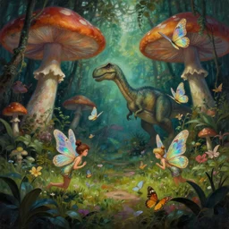a whimsical painting of fairies and butterflies with iridescent wings in a jurassic garden world with dinosaurs. giant mushrooms. dark atmosphere. pulp - science fiction art. fantasy art. trending on artstation