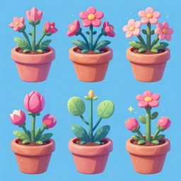 game asset of unique pot plants and flowers, organic, in gouache detailed paintings, props, stylized, 2 d sprites, kitbash, arcane, overwatch, blue and pink color scheme, 8 k, close up
