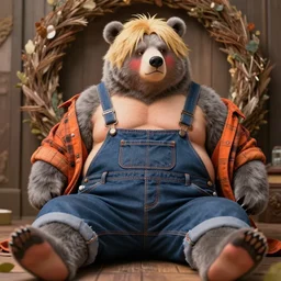 blushing, a bear sumo anthro, blonde hair, grey fur, wearing overalls and a orange flannel posing seductive, looking seductively, ornate wreath, legs, hard akihito tsukashi focus