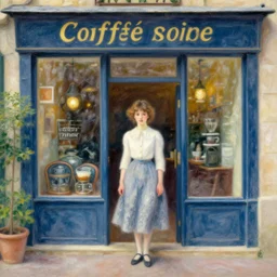 photography of a girl stand in front of the coffeeshop, detailed, cinematic, artwork by pierre auguste renoir