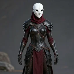 female adventurer in tight full - body ebony leather armor of dunmer design with dark red cloth underneath with white porcelain crow mask, trending in artstation, establishing shot
