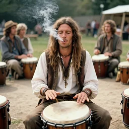 photo of geert wilders as a hippie smoking in a drum circle at the 1 9 6 9 woodstock festival shot on 1 6 mm eastman 7 2 5 4 film at magic hour