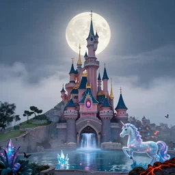 happy disney castle rising up from the mist in the morning silhouetted by a single huge moon, waterfall, butterflies, unicorn, crystal lake, anders zorn, thomas kincade, trending on artstation, lava, dungeons and dragons, fun, happy