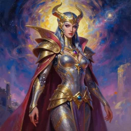 A cyborg Enya as the ultimate tyrant emperor of the universe. Trending on ArtStation. A vibrant digital oil painting. A highly detailed fantasy character illustration by Wayne Reynolds and Charles Monet and Gustave Dore and Carl Critchlow and Bram Sels