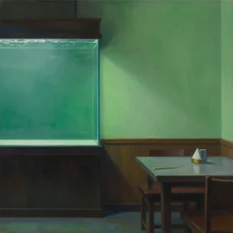 photo of an aquarium wall next to your table in an asian restaurant by, tim hildebrandt, by wayne barlowe, trending on artstation, cinematic composition, simple detail. greenish lighting,, 8 k, oil on canvas