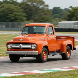 a 1 9 5 6 ford f - 1 0 0 custom cab driving on a racetrack