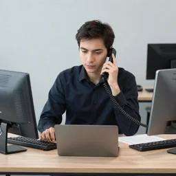 A networking engineer passed out on their desk is tasked with another dead end support call on the phone, Canon EOS R3, f/1.4, ISO 200, 1/160s, 8K, RAW, unedited, symmetrical balance, in-frame
