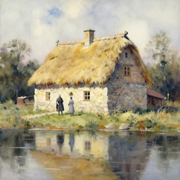abstract watercolor painting of hedonic scandinavian king house, in stone, straw roof, war lord, magical and traditional, reflective river, cinematic light, national romanticism by anders zorn, by greg rutkowski, by greg manchess