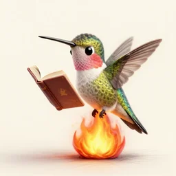 pencil sketch of a phoenix hummingbird reads a book while on fire raytracubg 3d render cute trending on artstation HD digital art