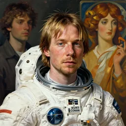 portrait of kurt cobain in a space suit, artstation, by artgerm and greg rutkowski and alphonse mucha